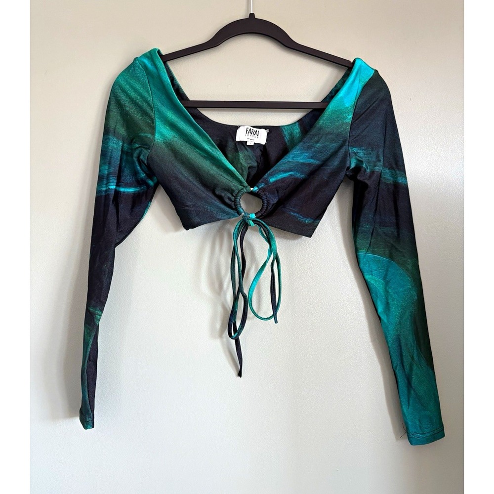 Farai London Olina Top Women's Green/Black Abstract V-Neck Tie Front Crop Top S